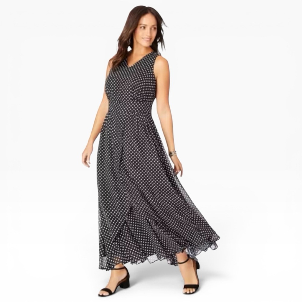 Jessica London 16W Black White Polka Dot Chiffon Maxi Dress Plus Size